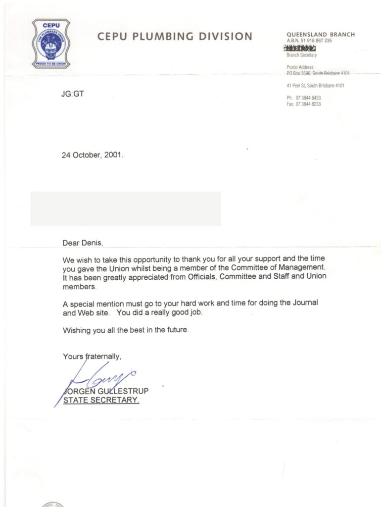 Letter from the CEPU Plumbing Division, Queensland Branch, 24 October 2001, thanking Dennis Hickman for his service on the Committee of Management. Home address redacted.