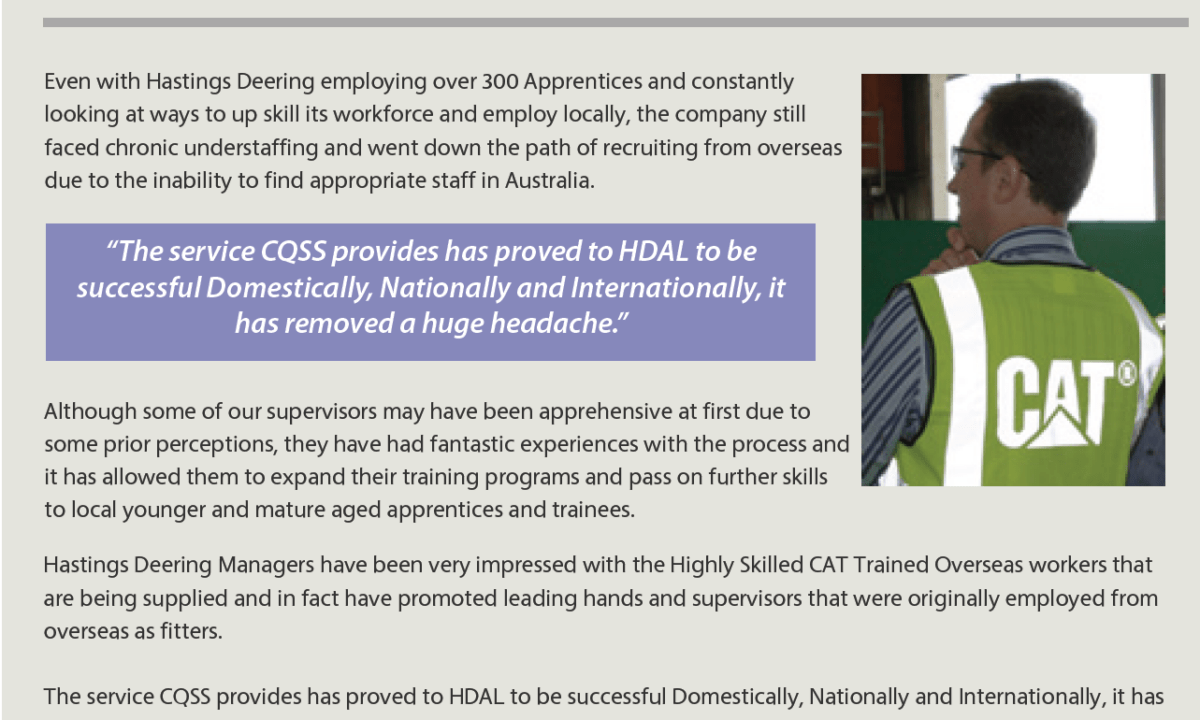 Printed 2011 brochure panel: testimonial from Andrew Brooker, Group Human Resources Manager, Hastings Deering (Australia) Limited, about Central Queensland Site Services (CQSS)