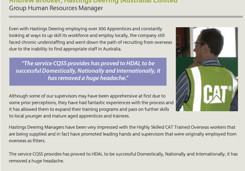 Printed 2011 brochure panel: testimonial from Andrew Brooker, Group Human Resources Manager, Hastings Deering (Australia) Limited, about Central Queensland Site Services (CQSS)