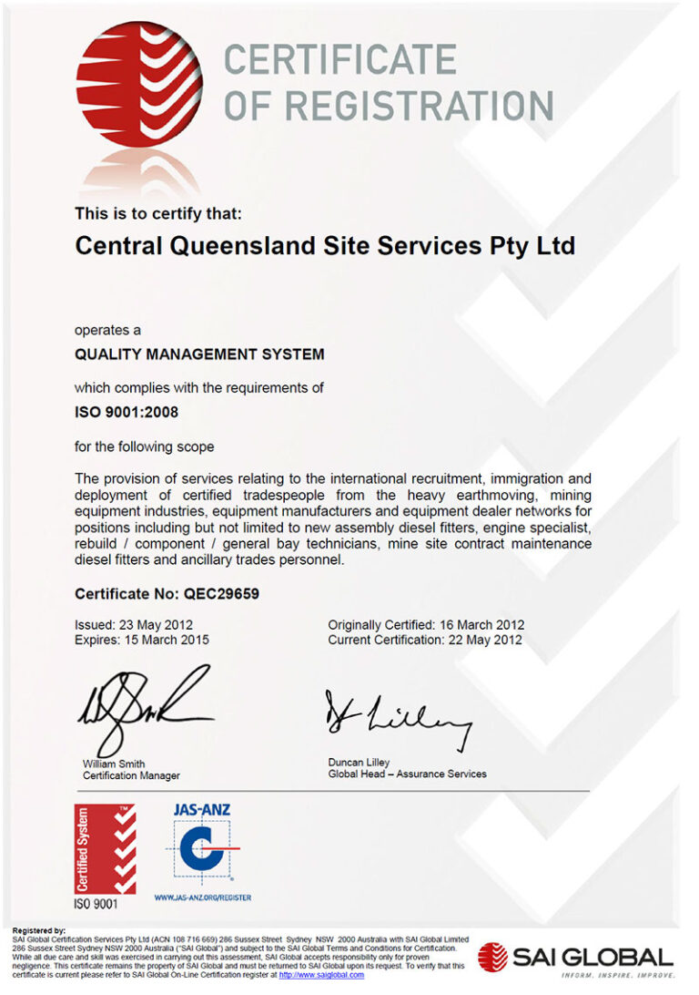 ISO 9001:2008 Certificate of Registration issued by SAI Global to Central Queensland Site Services Pty Ltd in 2012 (Certificate No. QEC29659)