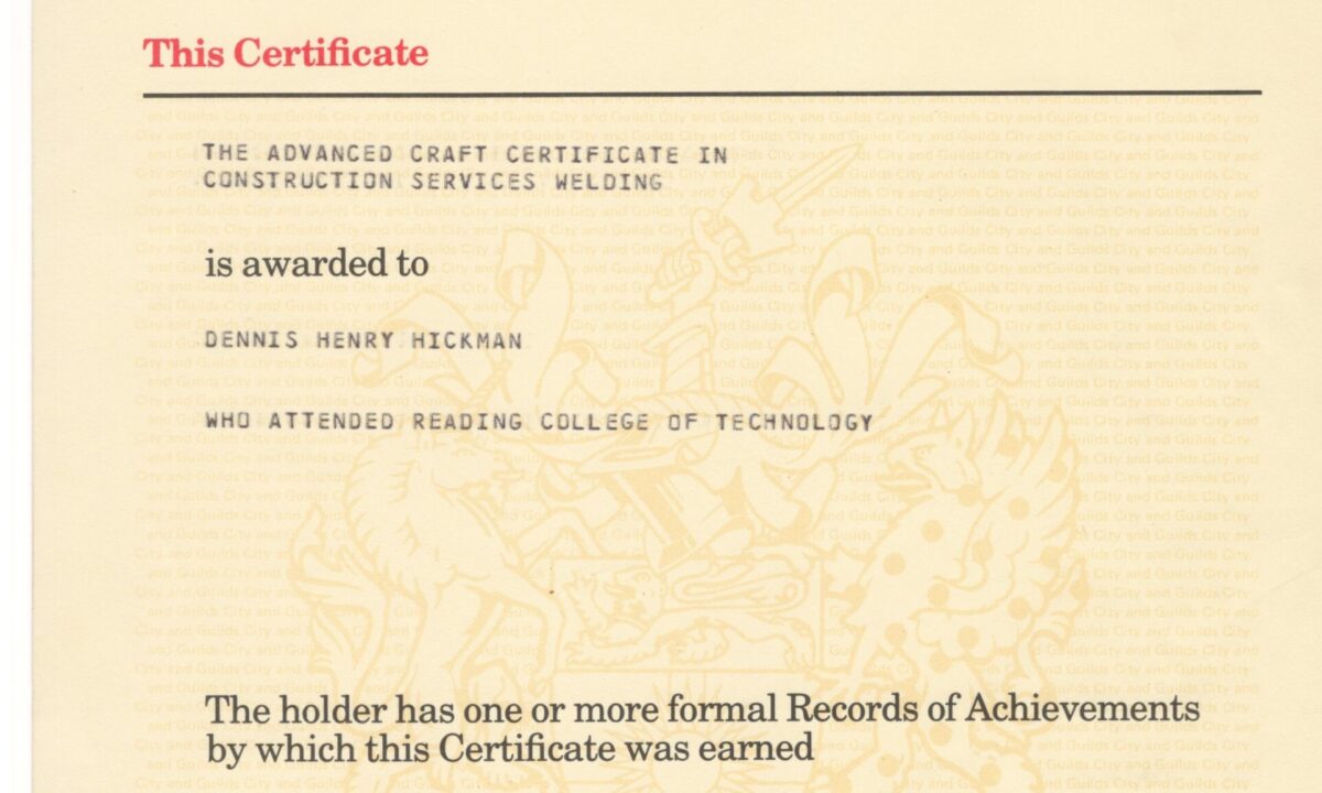 City and Guilds of London Institute: Advanced Craft Certificate in Construction Services Welding, awarded to Dennis Henry Hickman, June 1988, Reading College of Technology