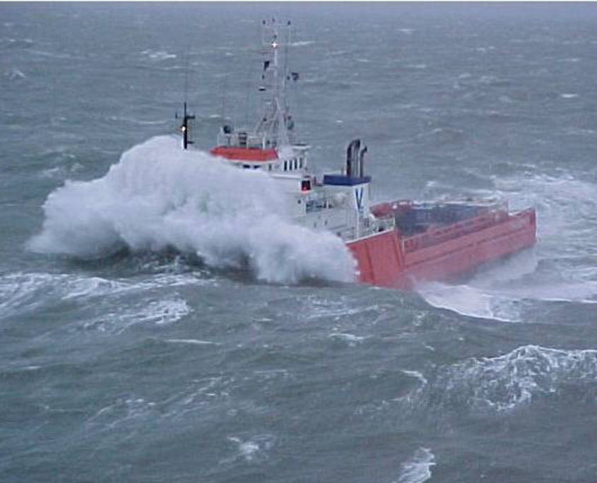 Oil rig tender in rough seas - Caterpillar gear is tough, overseas recruitment of Caterpillar marine fitters