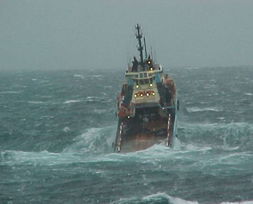 Oil rig tender in rough seas - Tough conditions demand tough gear, overseas recruitment of Caterpillar marine fitters.