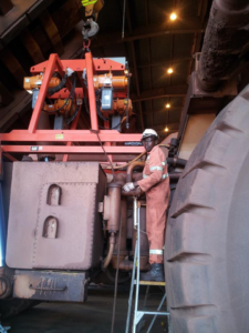 Kenneth with a CAT 793 to 797 Transmission removal and installation tool at BHP Whaleback Mine workingh for the Caterpillar dealer in Western Australia